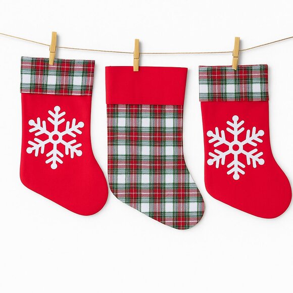 Set of 3 Christmas Stockings 17" Red & Green Plaid Holiday Fireplace Decor - Picture 1 of 4